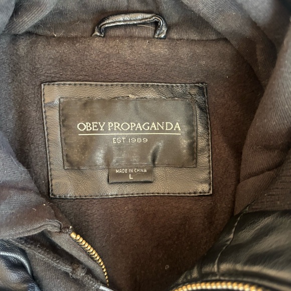 Obey Propaganda Black Faux Leather Hooded Jacket - Picture 11 of 12